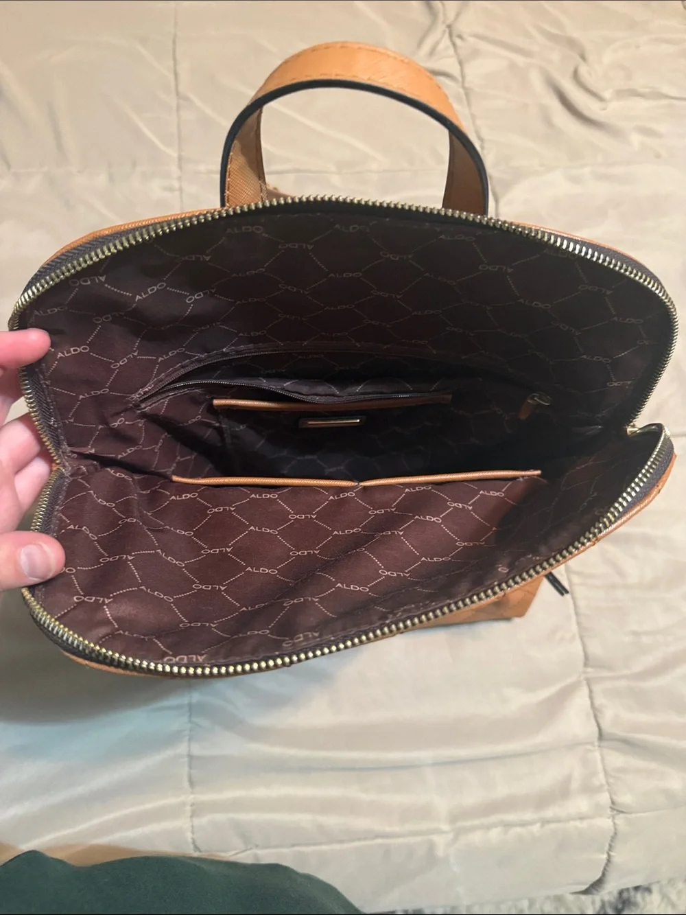 Aldo Quilted Tan Backpack with Gold Hardware